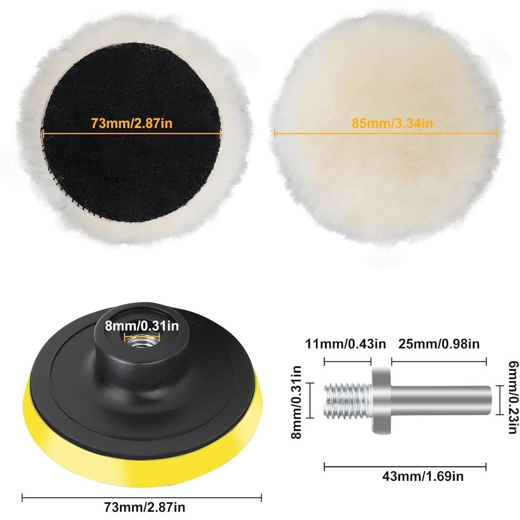 7PCS 3 inch Wool Polishing Buffing Pad, Car Buffer Polisher Kit with Hook and Loop Back, for Drill Buffer Attachment with M10 Drill Adapter