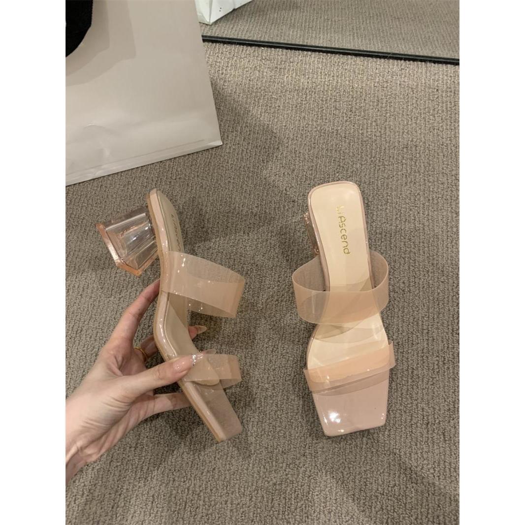 

Transparent high-heeled sandals, women s shoes, spring and summer 2025 new thick-heeled French style with skirt sandals 35