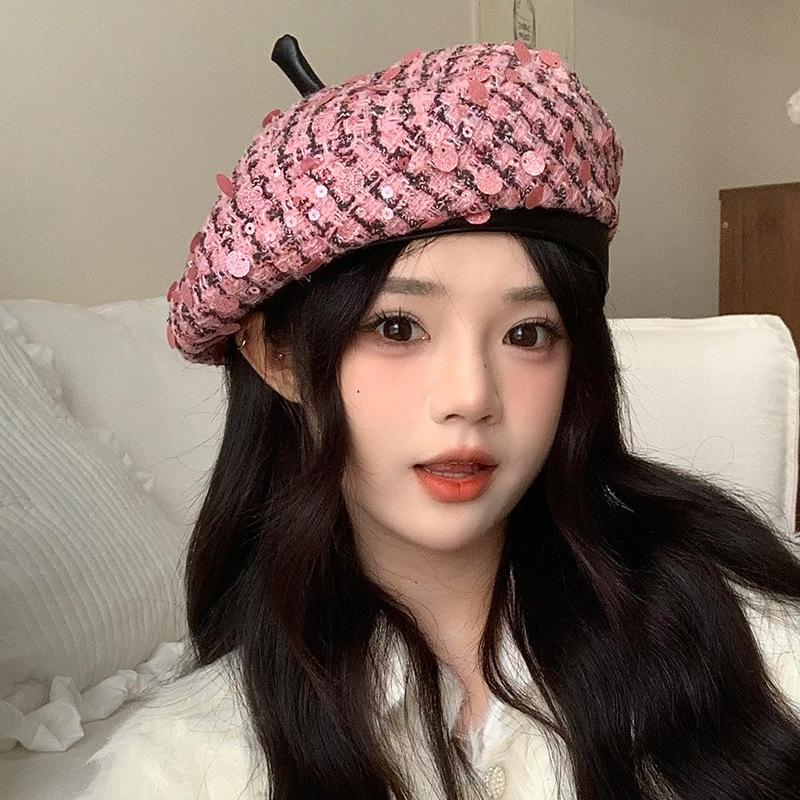 Versatile Duck Tongue Beret for Women's Fashion Sequin Big Head Painter Hat Korean Version Showing Face Small Octagonal Hat