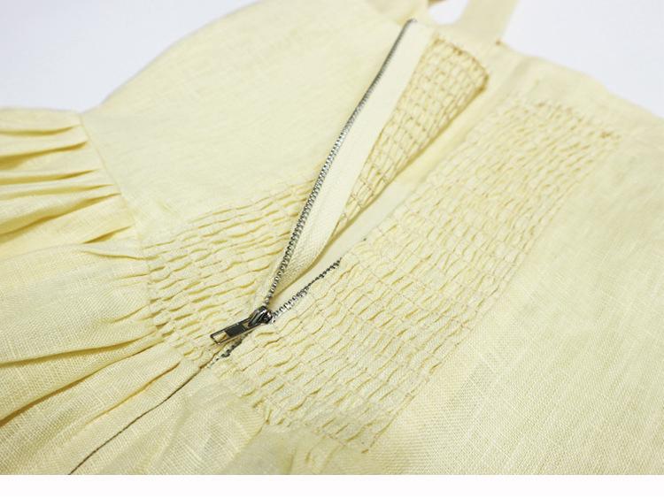 In Stock: 2025 Summer Yellow Linen Square Neck Mid-Length French Vacation Dress