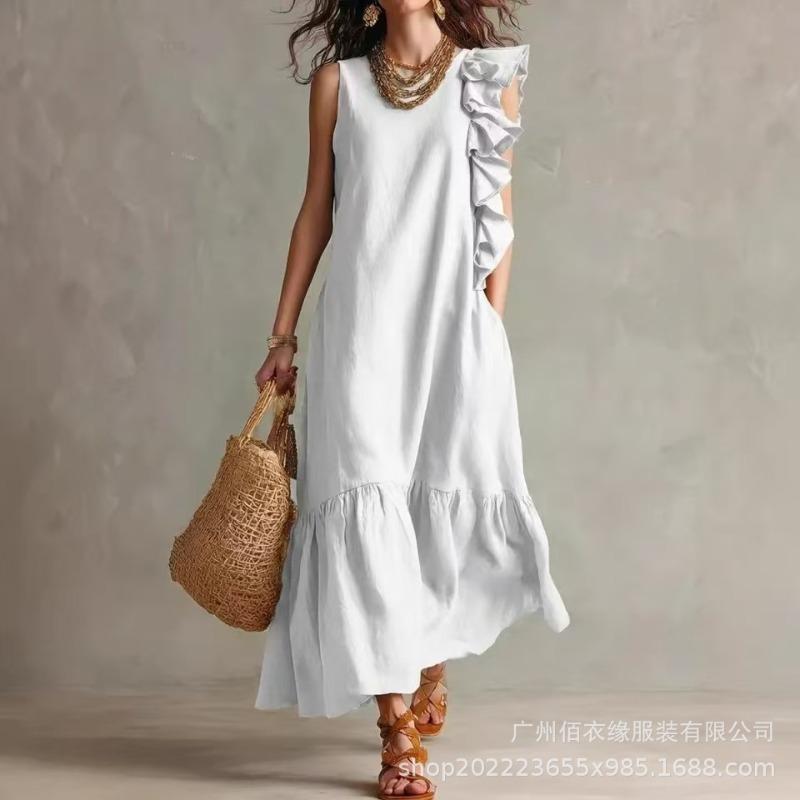 Summer and Autumn Irregular Ruffle Edge Sleeveless Women s Dress S белый