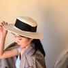 White Flat Top Wide Brim Panama Straw Hat Women Ins French Korean Retro Versatile Sunshade Resort Beach Top Hat