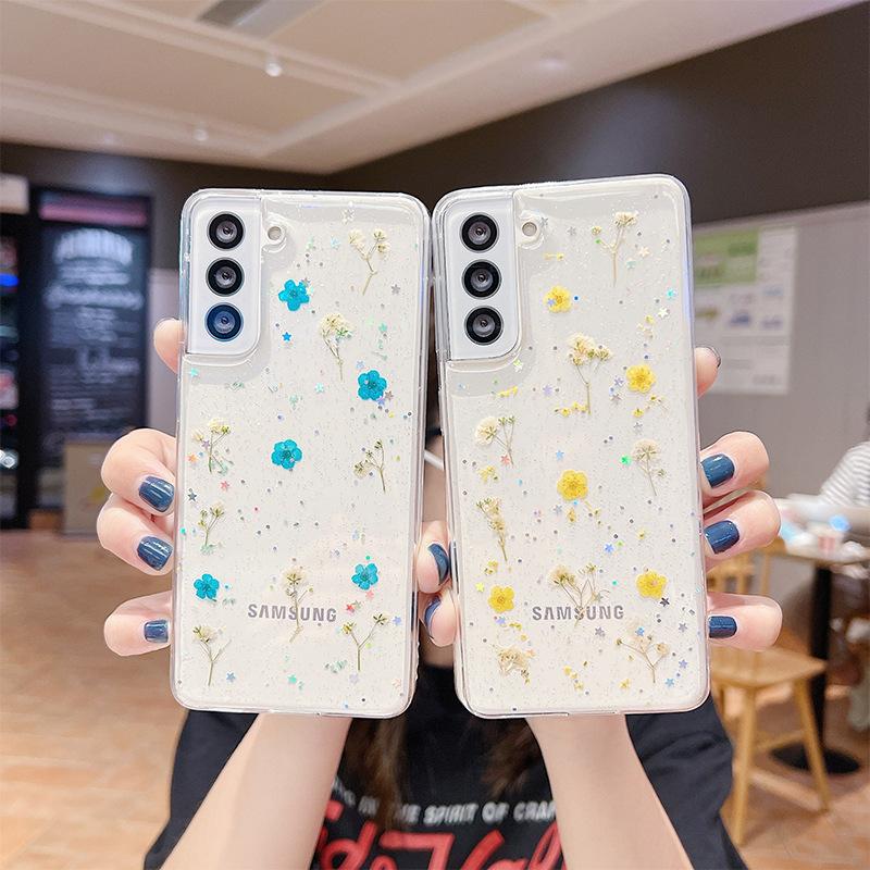 For Samsung S25ultra Flower Phone Case S24Plus Glitter Pink Sequin A16 Transparent A35 Real Flower Niche