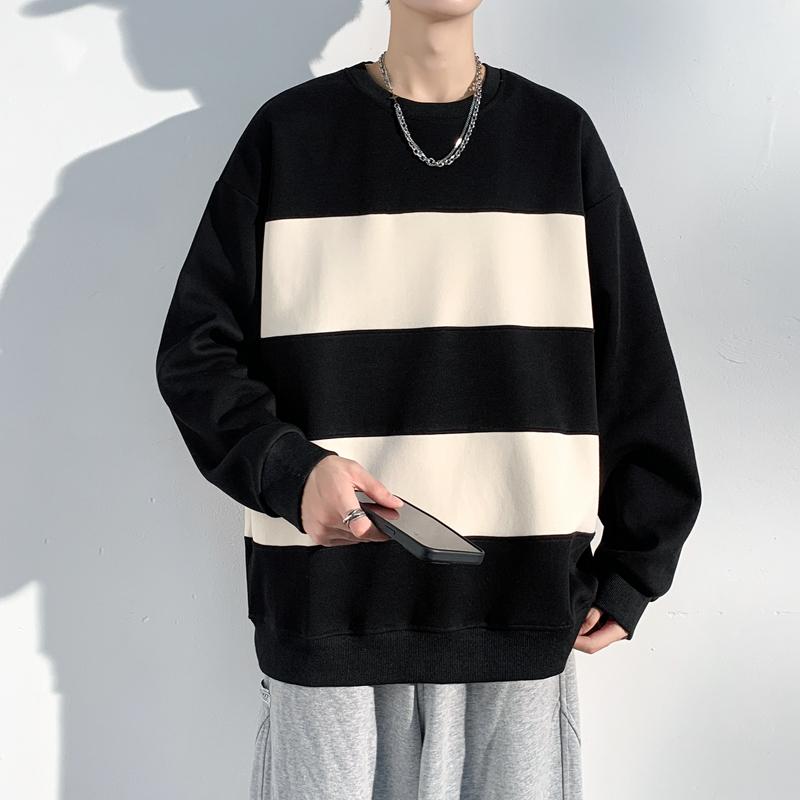 Men's Spring and Autumn New Outdoor Trendy Brand Striped Couple Hong Kong Style Long Sleeve Round Neck T-shirt Pure Cotton Hoodie