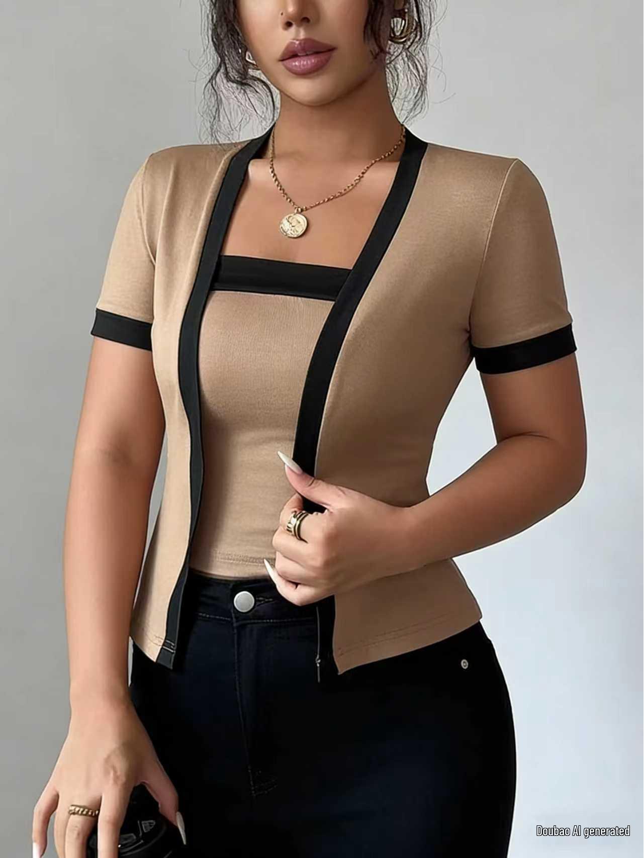 

2026 Summer Spicy Girl Color Block Knit Cardigan - Short Sleeve, Fake Two-Piece Design XL хакі