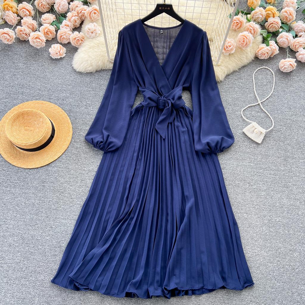 Autumn Women Vintage Pleated Midi Dress Elegant V-Neck Puff Long Sleeve High Waist A-Line Red Green Dresses