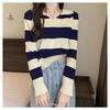 A Stylish Striped Knitted Sweater for Women's Autumn, Featuring A Retro and Laid-back Style, Long-sleeved Short Top
