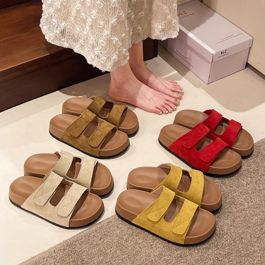 Soft-soled retro platform slippers women's summer 2025 new fashion one-word Velcro outer wear premium sandals