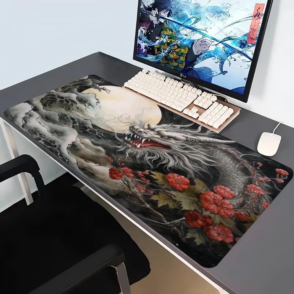 Chinese Ink Dragon Large Gaming Mouse Pad NonSlip Rubber Base Stitched Edge Desk Mat For Laptop Office Desktop Decor
