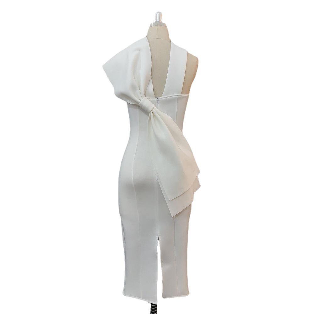 Women's Plus Size Halter Bow Backless Evening Gown - Sleeveless, High Waist, Slimming Dress