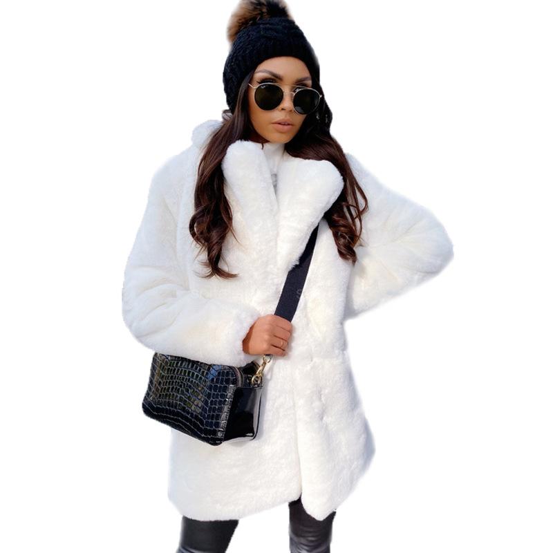 Chaqueta de piel sintética de otoño e invierno para mujer, abrigo con cuello de traje grueso, abrigo de manga larga de Color sólido