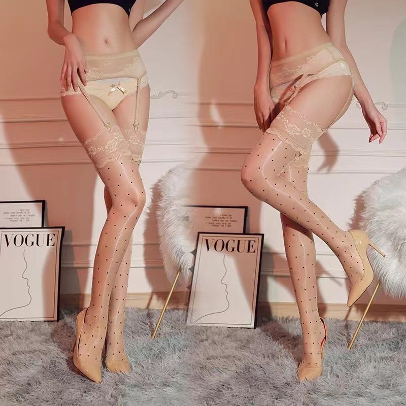 Sexy Lace and Horse Oil Thigh High Socks Woman Skin Color Stockings Club Internet Celebrity Peony White Polka Point Stockings