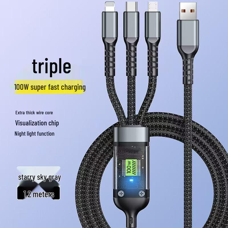 2m 100W Fast Charge Transparent Luminous 3-in-1 Fishing Net Weave Charging Cable