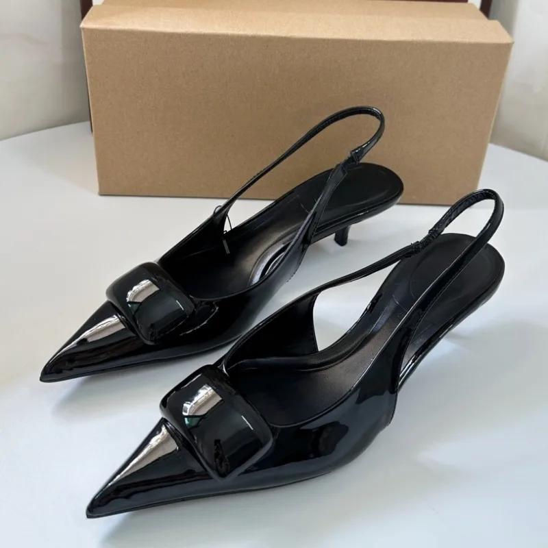

Fashion Square Buckle Pointed Toe Modern Sandals for Women New Summer Desiger Slingback Patent Leather High Heels Ladies Dress Shoes 42 чёрный