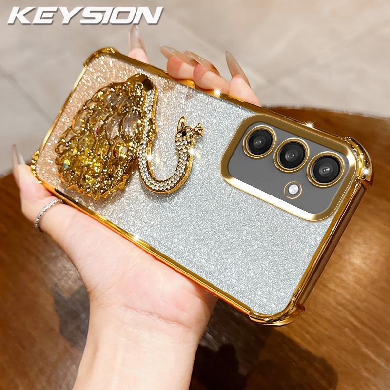 KEYSION Shockproof Plating TPU Phone Case for Samsung S24 S25 Ultra S25+ Glitter Jewelled Swan kickstand Cover for Galaxy S24 S25 FE 5G