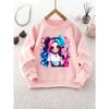 Girl's Round Neck Sweatshirt with Cartoon Twin-Tail Girl and Heart Print, Ideal for Casual Wear