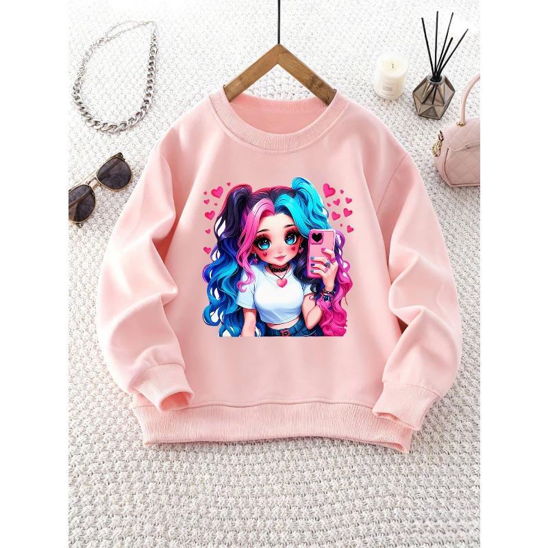 Girl's Round Neck Sweatshirt with Cartoon Twin-Tail Girl and Heart Print, Ideal for Casual Wear