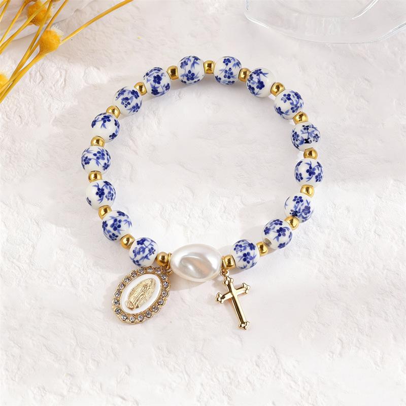Retro Virgin Mary Pendant Pearl Bracelet with Oval Charm and Flower Design for Women