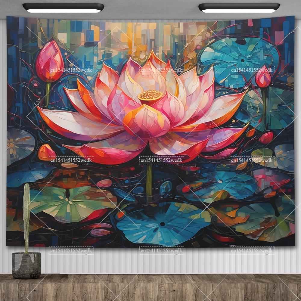 Boho Lotus Flower Wall Hanging Tapestry Colorful Landscape Floral Tapestrys Room Decoration Aesthetic Yoga Mats Altar Cloths