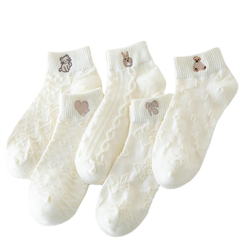 Ladies Summer Thin Lovely Embroidered Pure Cotton White Boat Socks