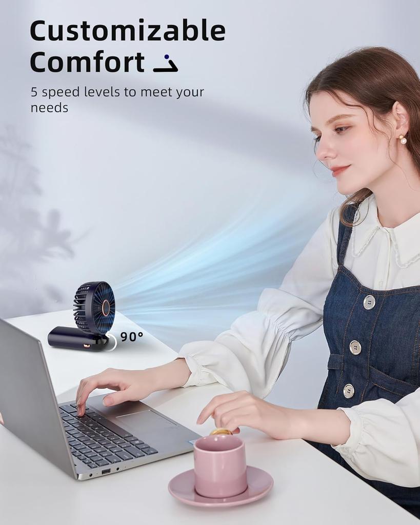 Portable Handheld Fan, Battery Operated Fan with Base, Digital Display, 5 Speeds, Rechargeable Mini Fan for Outdoor Indoor