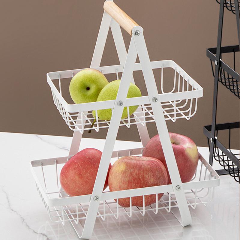 

2-Tier Fruit Basket Iron Mesh Kitchen Storage Organizer with Handle Living Room Snack Holder Rack White
