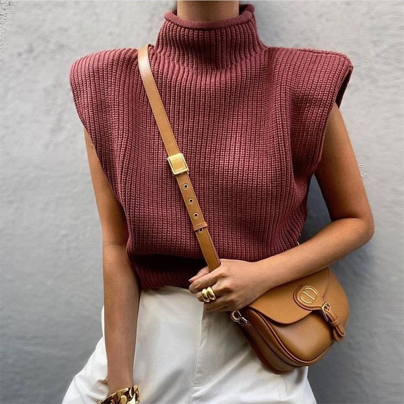 Pevný stojatý golier Pletená vesta s krátkym rukávom Office Lady All Match Fashion Vesta Košeľa Voľné Elegantné rovné topy