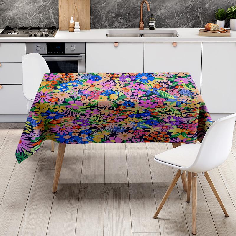 Bright Floral Tablecloth Multicolored Printed Linen Table Cover Decor for Kitchen Dining Room Party Decoration (Wooden Table Set