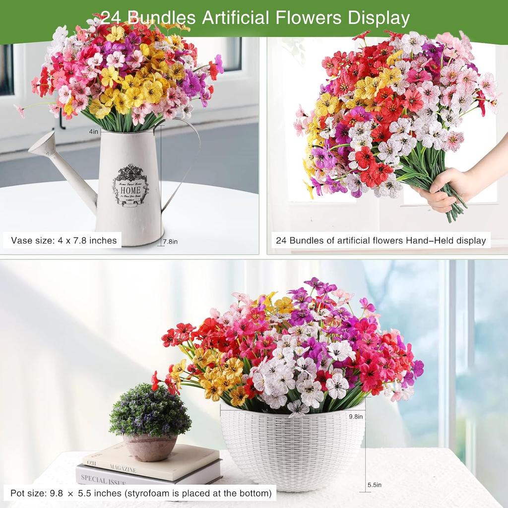 24 Bundles Artificial Flowers for Outdoor,No Fade Fake Flowers Faux Plants for Decoration Hanging Planters Indoor Outside Garden Porch Home Wedding