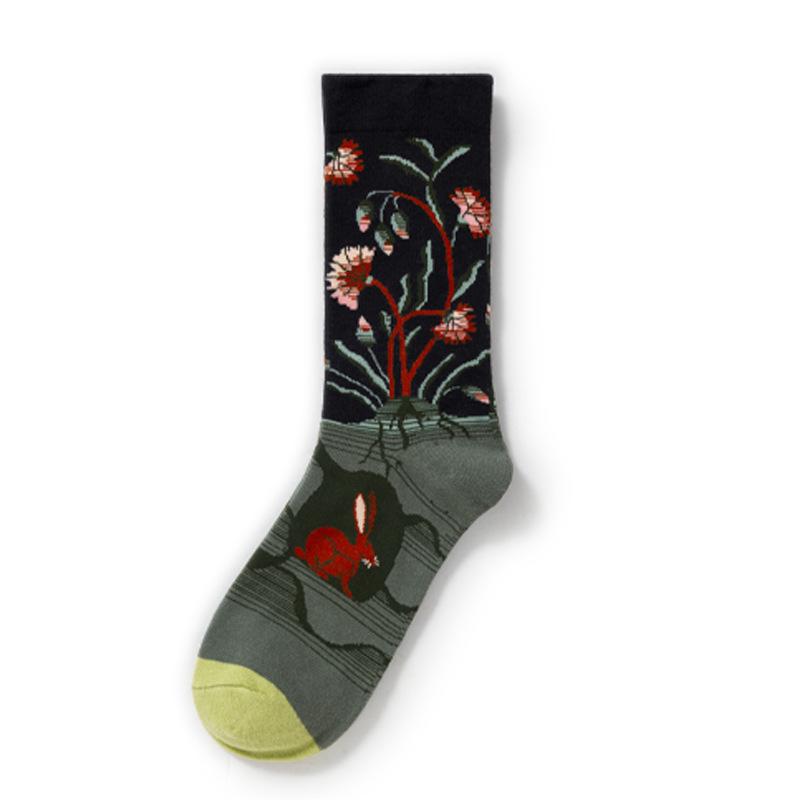 French Retro Abstract Oil Painting Mid-Calf Socks - Trendy Autumn/Winter High-Top Creative Combed Cotton for Women
