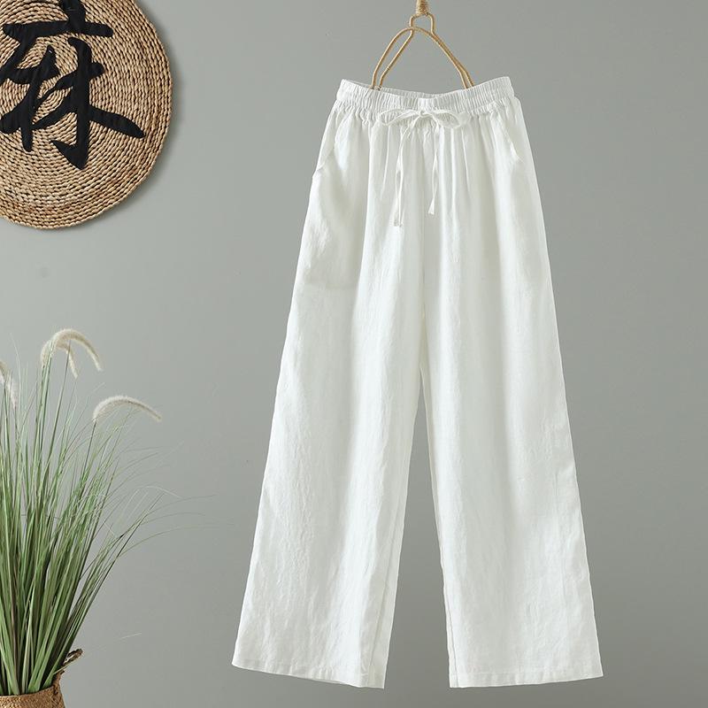 Japanese Pure Linen Women's Wide-Leg Elastic Waist Pants