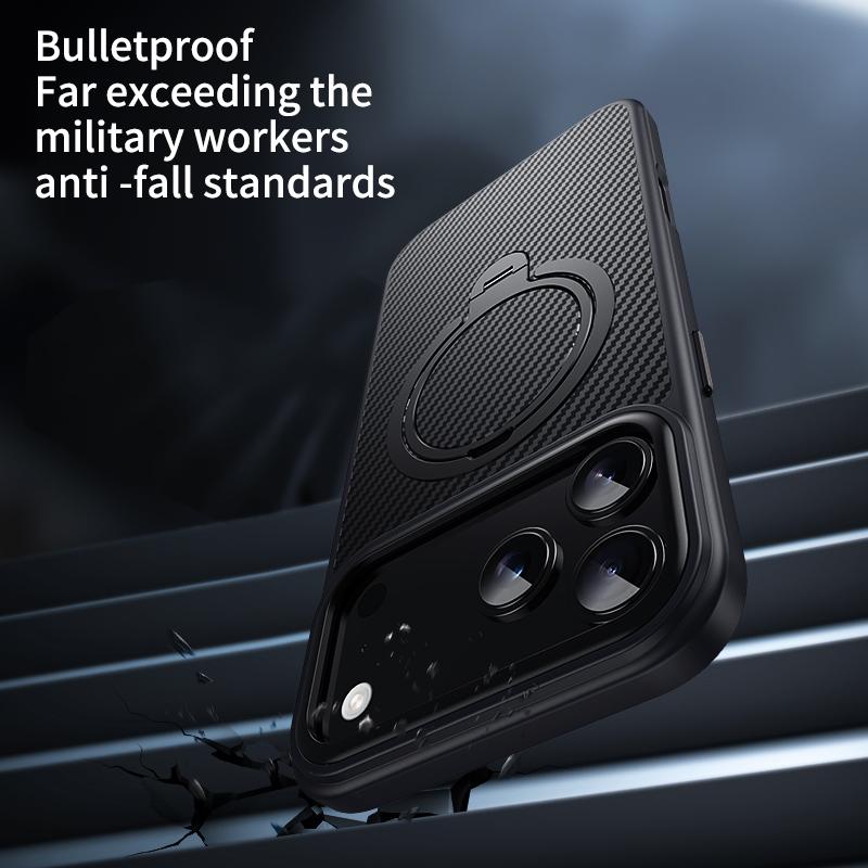 360 Rotating Kickstand Magnetic Carbon Fiber Pattern Case For iPhone 17 Pro Max 16 Plus 15 14 13 12 Comfortable Grip Slim Cover