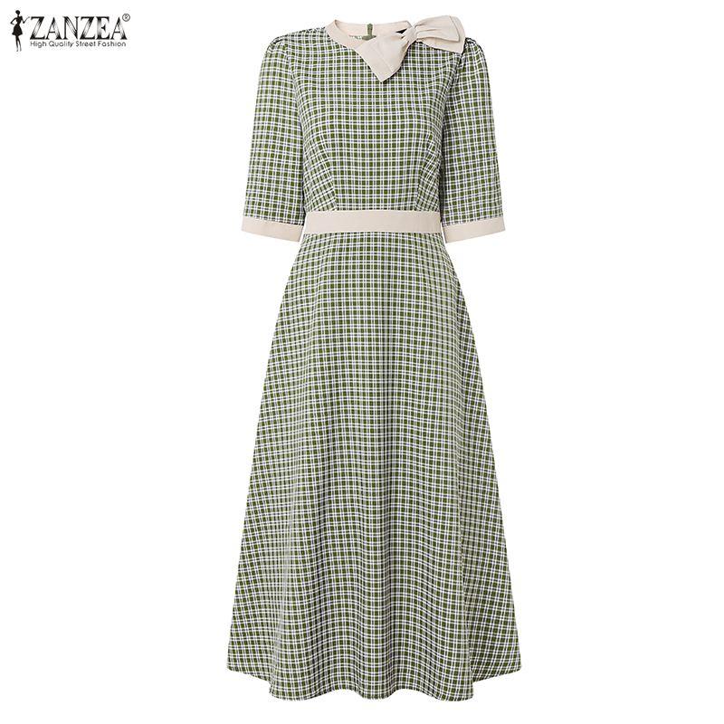 ZANZEA Rochie casual elegantă pentru femei, cu gât rotund, mânecă 3/4 și imprimeu în carouri