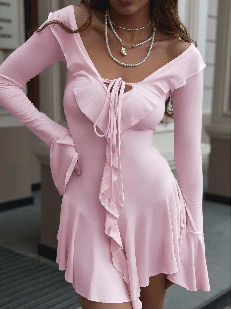 2024 Slim Fit Solid Color Flared Long-Sleeve Ruffled Strappy Dress for Women