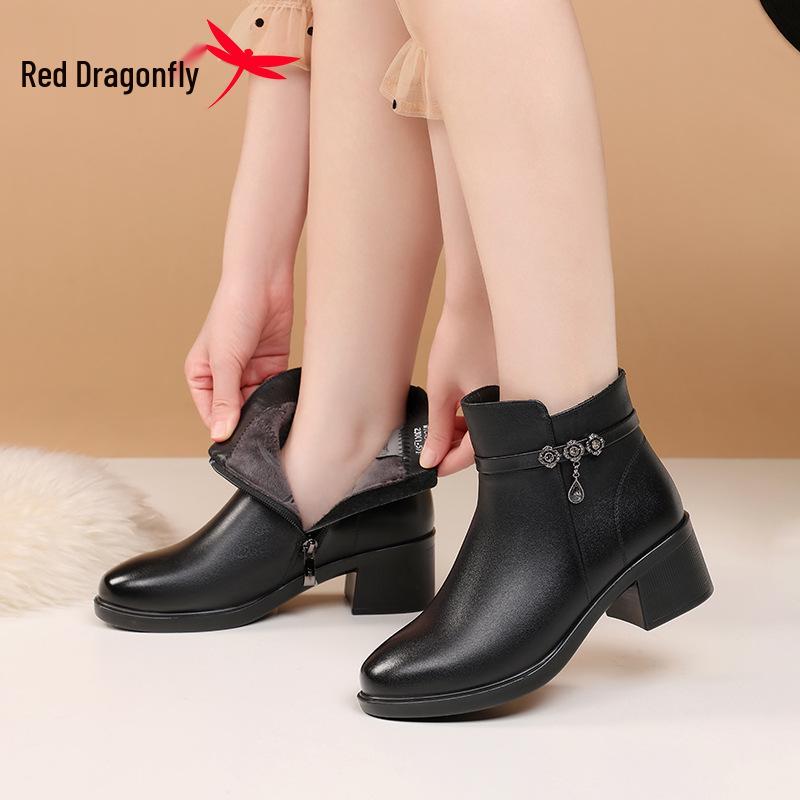 Red Dragonfly Women's High-Heeled Mid-Calf Winter Boots - Genuine Leather with Warm Velvet Lining
