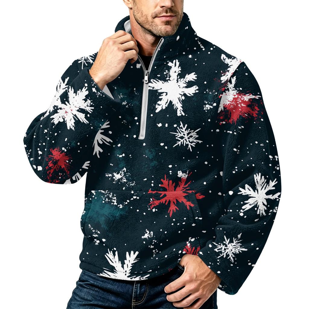 Men's Christmas Print Flannel Zip-Up Sweatshirt with Stand Collar, Plus Size Casual Top for Fall Winter