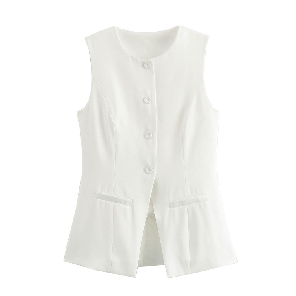 Women 's Button Down Waistcoat Vest Sleeveless Round Neck Solid Color Slim Fit Tops Dressy Suit Vest