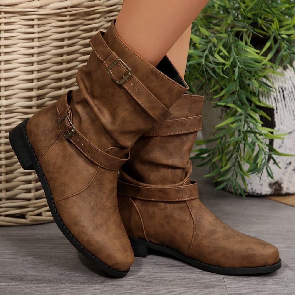 Women Ankle Boots Autumn Retro Round Toe PU Leather Femme Mid-heel Stubby Short Boots Outdoor Fashion Pleated Casual Shoes