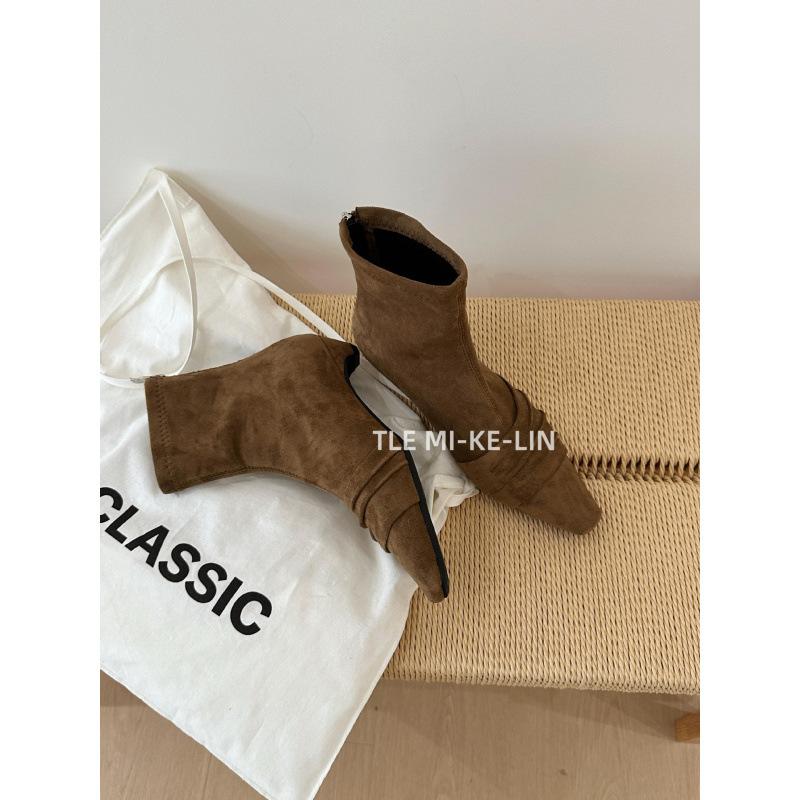 2025 Autumn and Winter New Pleated Suede Pointed Toe Heel Short Boots Women's Rear Zipper Slim Temperament and Ankle Boots Women