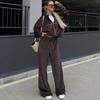Damen Samt Lounge-Set Langarm Reißverschluss Oberteil Elastischer Bund Weite Hosen Lässiges Streetwear Outfit
