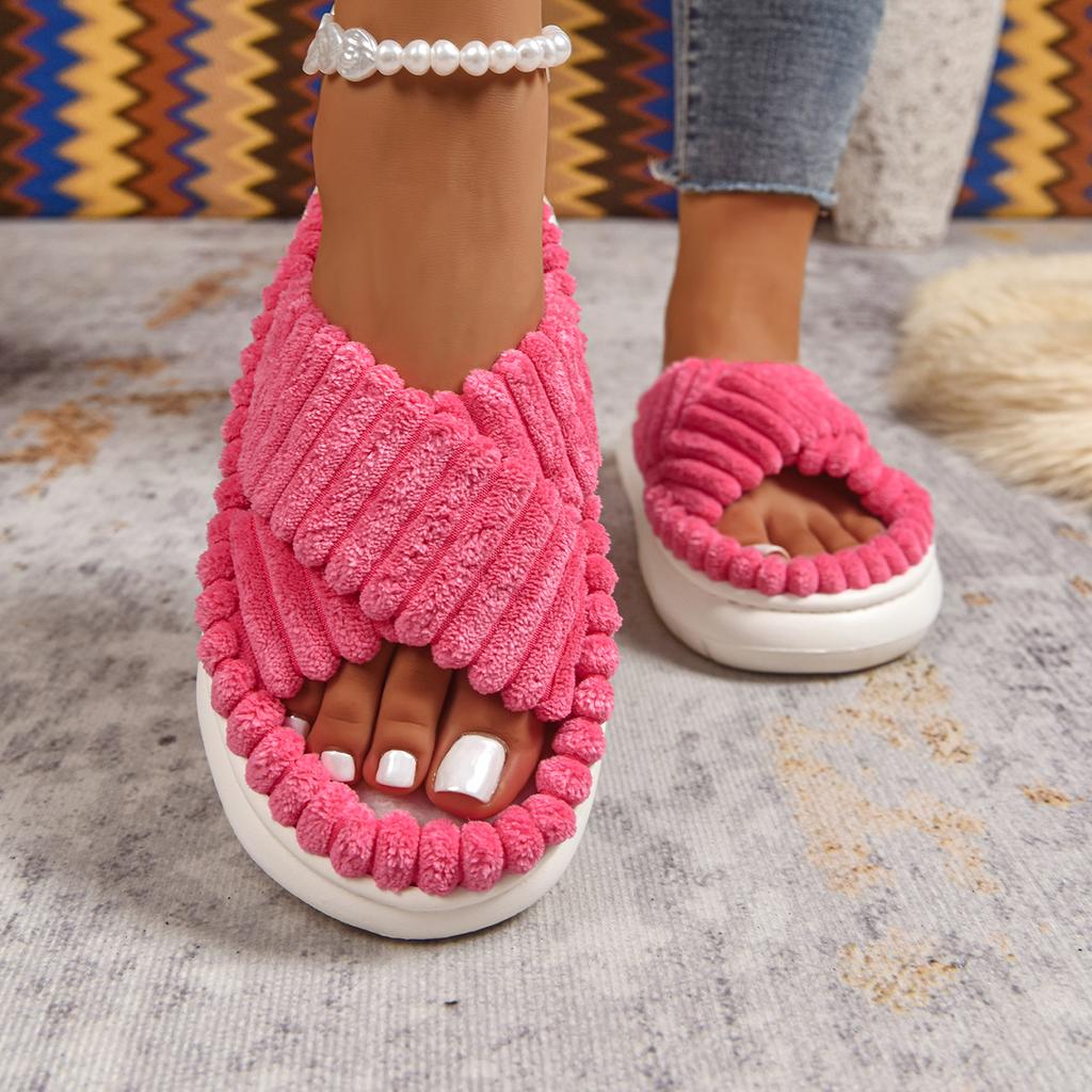 Fashion Cross Strap Slippers Women Fashion New Females Soft Corduroy Platform Home Slides Men Portable Warm Plush Sandals Women's Shoes