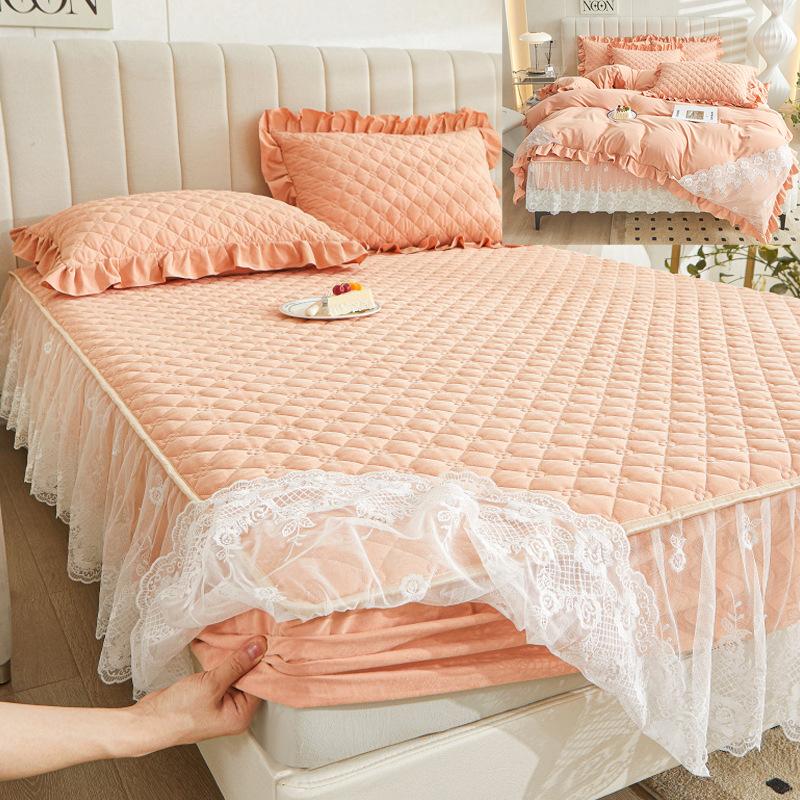 Colcha de renda estilo princesa, quatro estações, peça única, grossa, acolchoada, lavável, antiderrapante