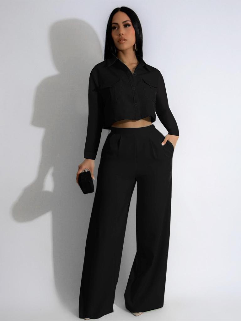 TW584 Women's Autumn Fashion Lapel Long Sleeve High Waist Wide Leg Pants Elegant Suit