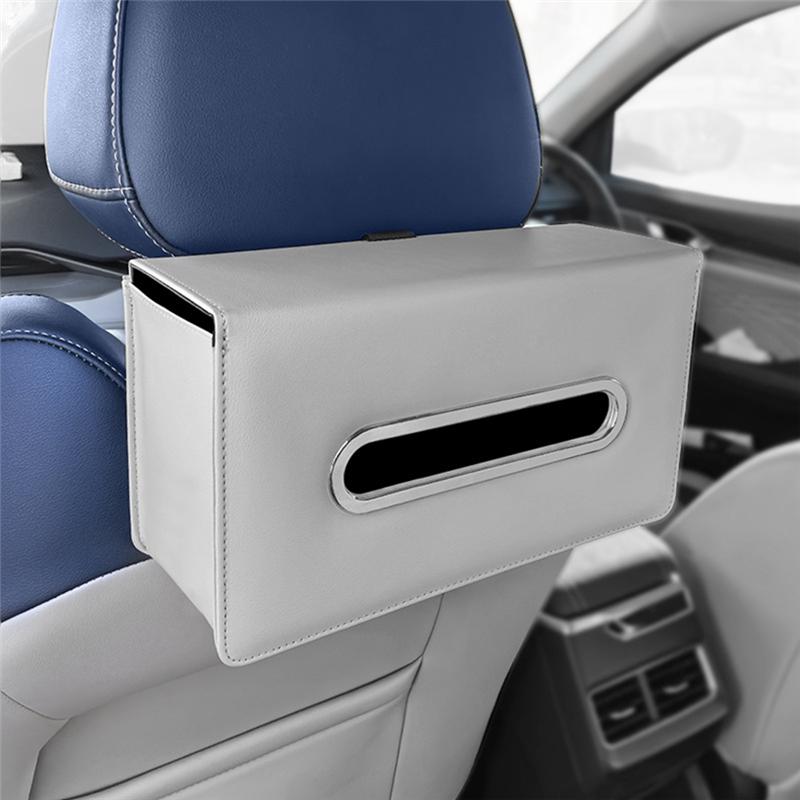 

A25F-Car Tissue Box Leather Hanging Bag Seat Back Armrest Storage Box Backseat Tissue Case Fix Strap Interior Accessories серый