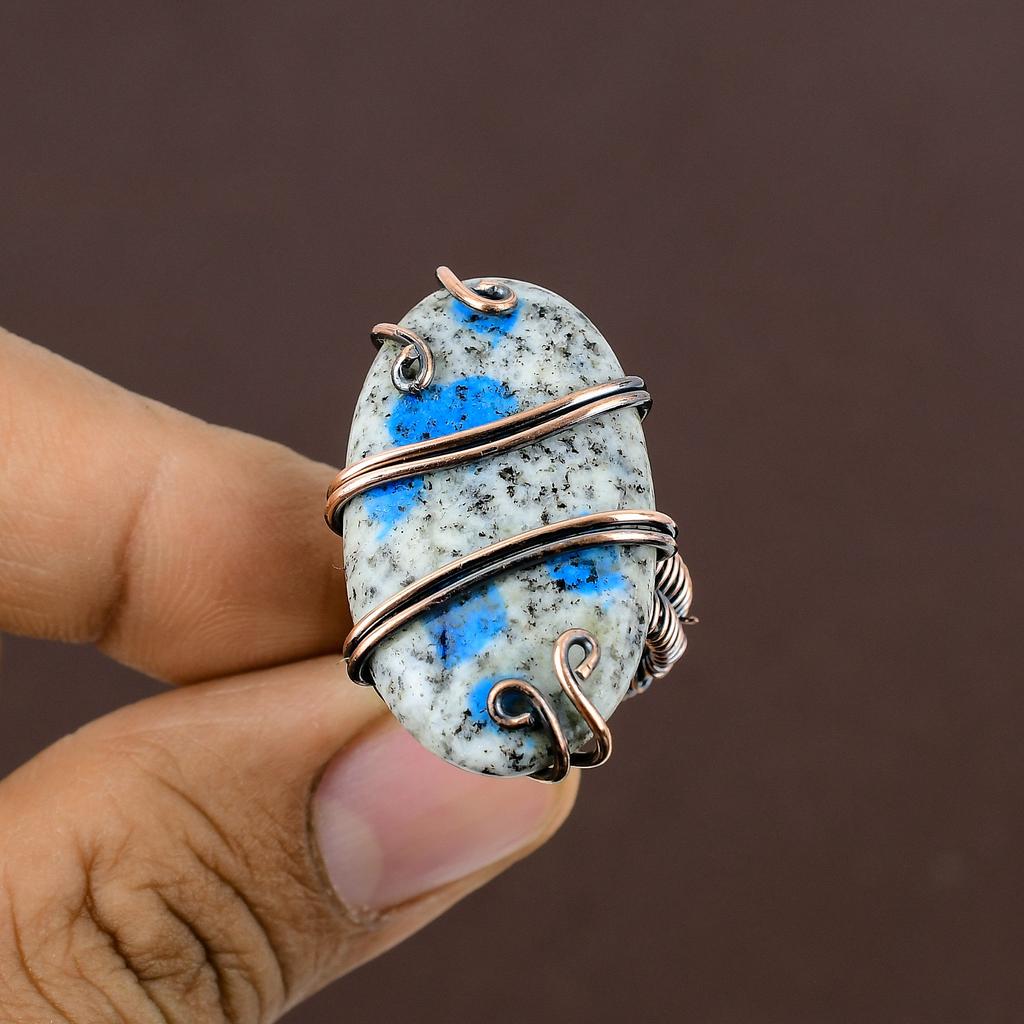 Gema Natural Azurita Azul K2 Hecho a Mano Anillo Envuuelto en Alambre de Cobre Talla 5 c8m74