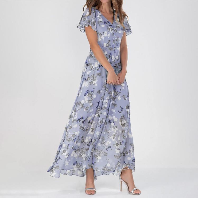 Cute Floral Maxi Dresses for Women Summer Casual Wedding Guest Chiffon Flowing Short Sleeve Dresses