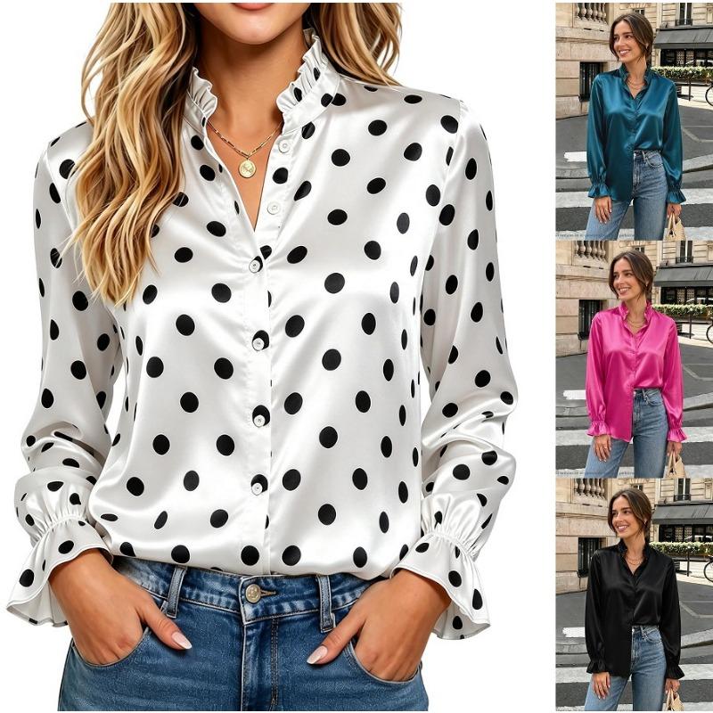 Women Business Casual Satin Ruffled Long Sleeve Polka Dot Blouse Shirt