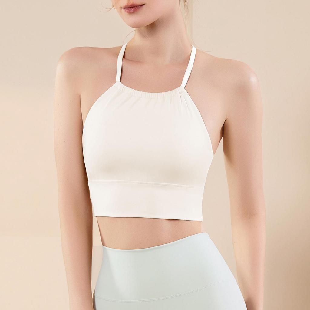 Pleated Halter Neck Sports Bra with Fixed Cups