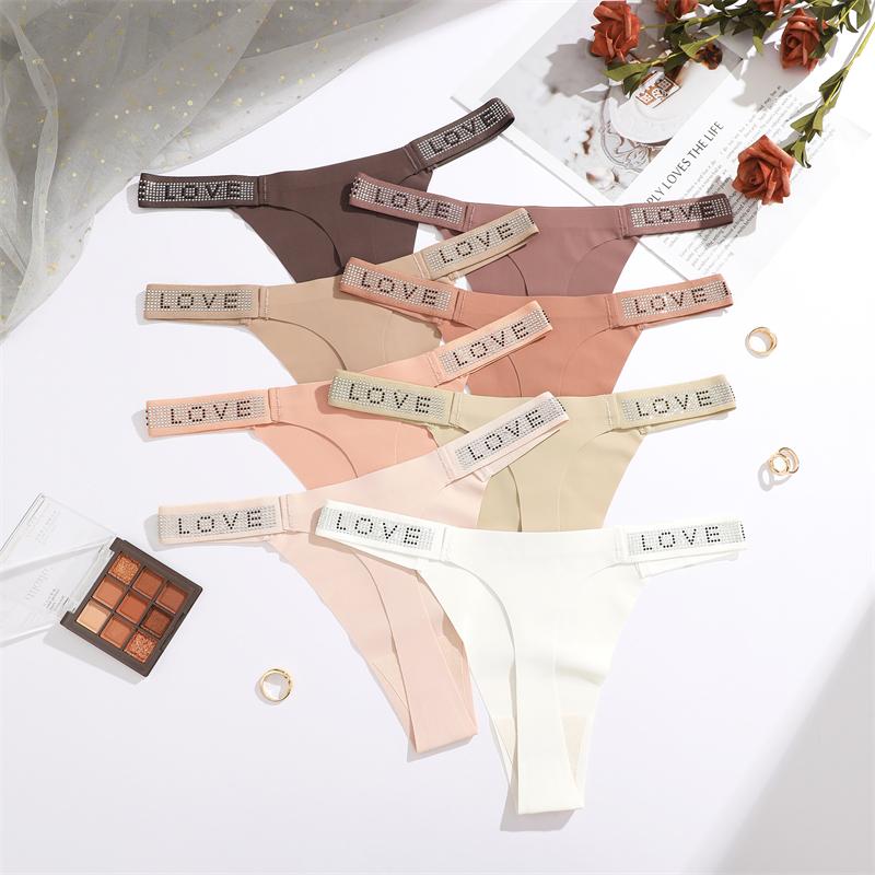 FINETOO 3Pcs Seamless Ice Silk Underwear for Women Sexy Rhinestone Letter Thongs Female Low Waist Panties Soft Stretchy Lingerie