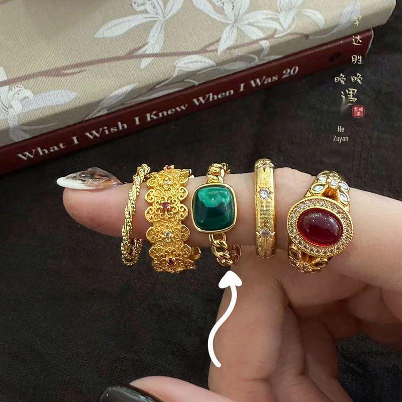 Xiaohongshu-Inspired Emerald and Pigeon Blood Red Jade Ring with Diamonds